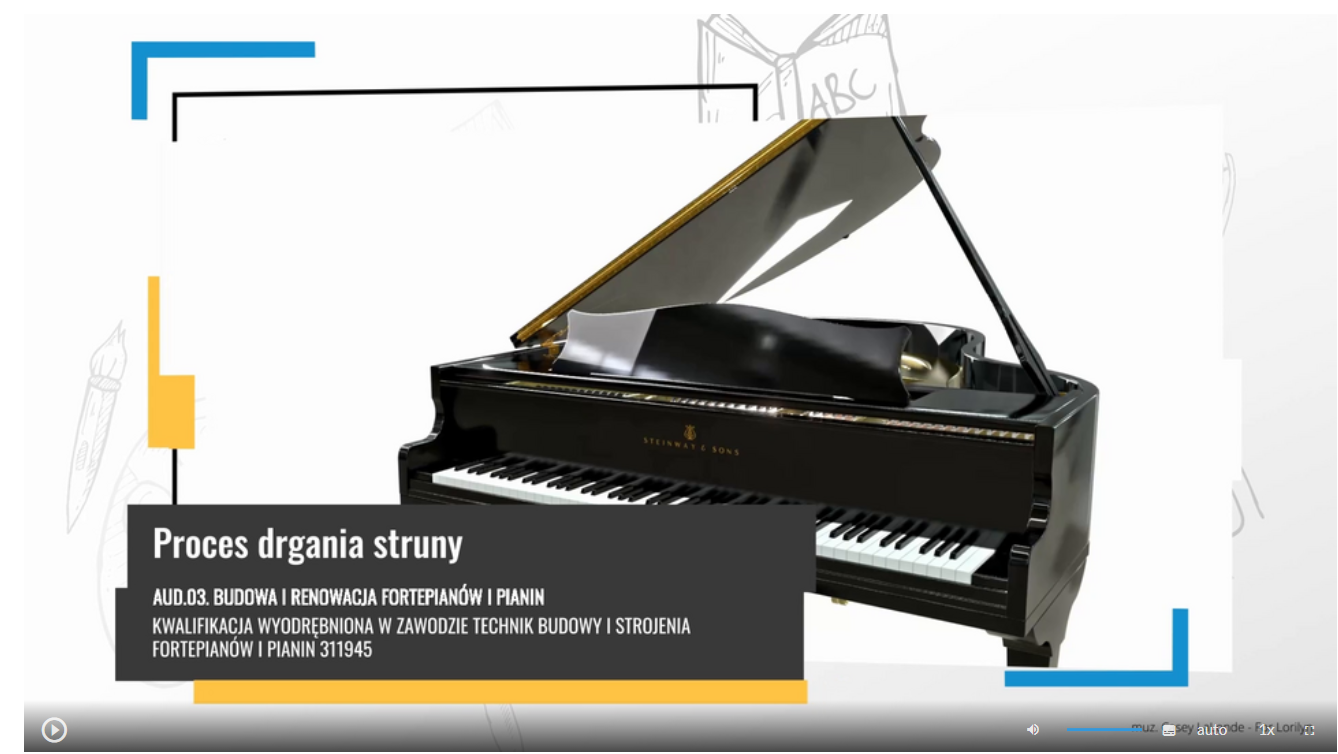 Zdjęcie przedstawia widok ekranu odtwarzania animacji 3D. W tle widoczny jest czarny fortepian w ujęciu trzy czwarte. W lewym dolnym rogu widoczny jest napis z białych liter na czarnym tle – tytuł animacji Proces drgania struny, oraz AUD.03 Budowa i renowacja fortepianów i pianin, kwalifikacja wyodrębniona w zawodzie technik budowy i strojenia fortepianów i pianin 311945. Poniżej pasek postępu animacji 3D.