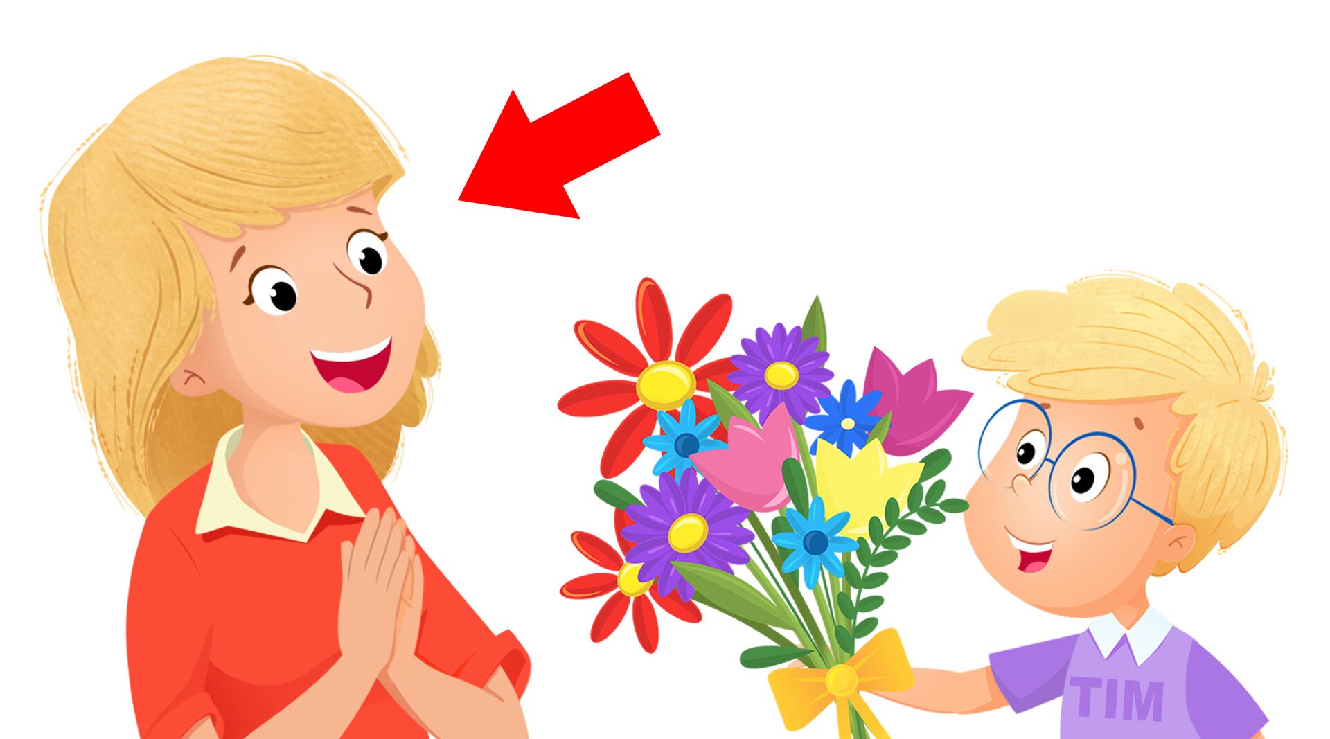 Na ilustracji chłopiec wręcza kwiaty mamusi.