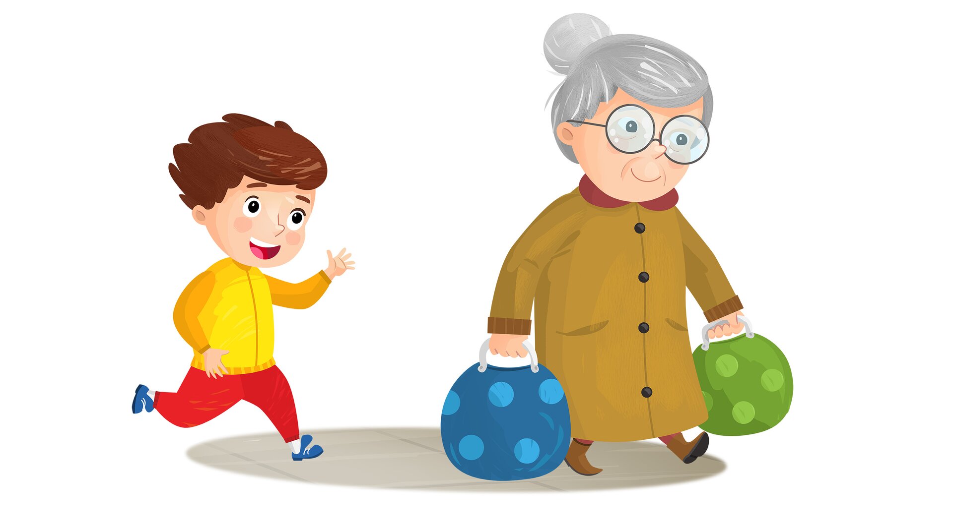 Ilustracja przedstawia starszą kobietę, która niesie zakupy. Za kobietą biegnie jej wnuczek.