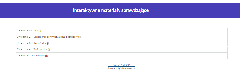 Zdjęcie przedstawia przykładowy wygląd zakładek zawierających interaktywne materiały sprawdzające. Składają się one z prostokątnych paneli umieszczonych jeden pod drugim. Każdy panel posiada numer oraz tytuł, który nawiązuje do zawartego w nim zadania.