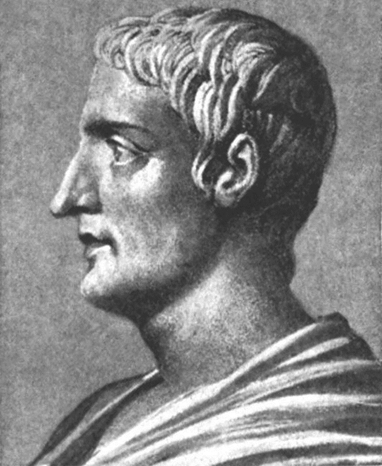 Ilustracja przedstawia portret Publiusza Korneliusza Tacyta. Obraz jest w kolorze czarno-białym. Na obrazie znajduje się mężczyzna widoczny z profilu.