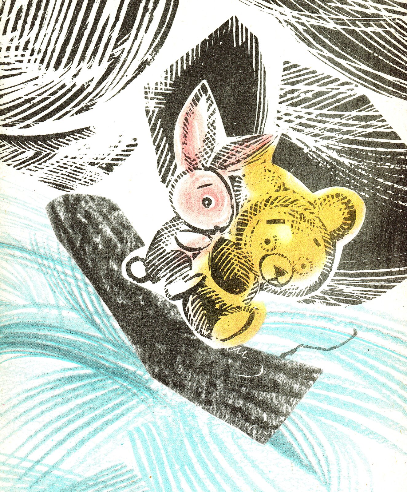 Ilustracja przedstawia pracę Adama Kiliana z książki Janiny Porazińskiej, „Pamiętnik Czarnego Noska”. Ukazuje misia i zajączka siedzących na pniu znajdującym się w wirze rzeki. Tło wypełnia skała z otworem.