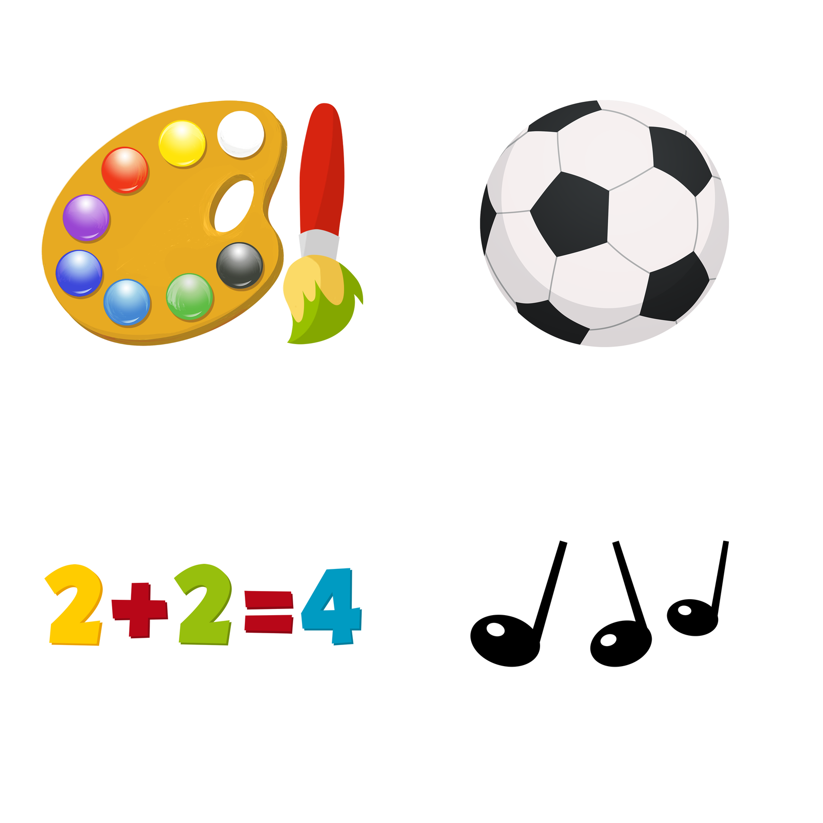 Ilustracja przedstawia pędzel i farby, piłkę, równanie matematyczne i nuty