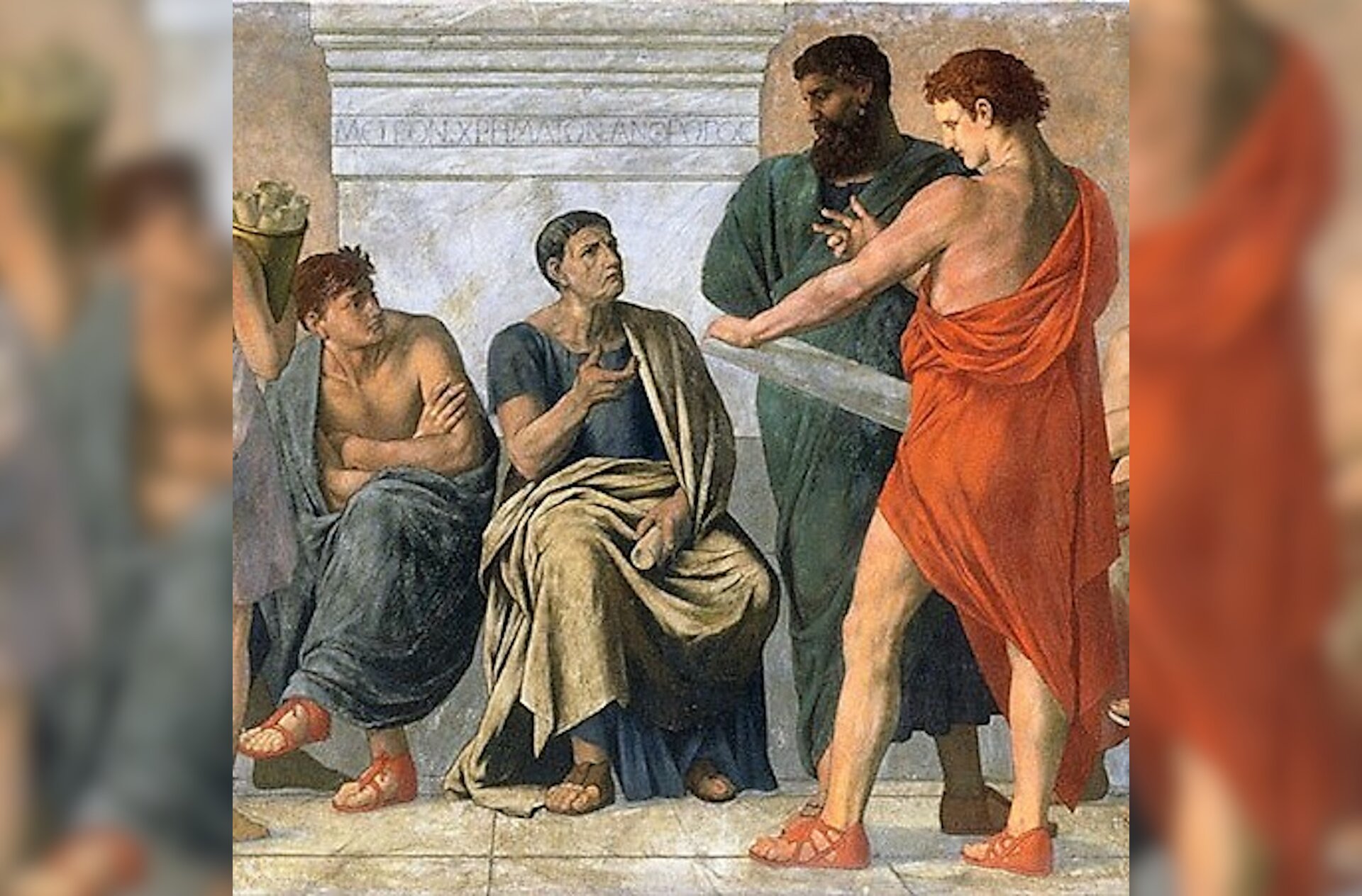 Ilustracja przedstawia grupę czterech mężczyzn w togach i sandałach. Dwóch z nich siedzi, dwóch stoi. Mężczyźni rozmawiają.