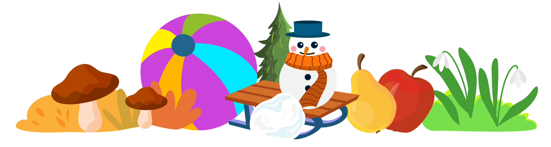 Ilustracja przedstawia elementy kojarzące się z czterema porami roku. Po lewej stronie rosną dwa grzyby o brązowych kapeluszach oraz kępki pożółkłej trawy, co kojarzy się z jesienią. Dalej na prawo leży kolorowa piłka plażowa, która kojarzy się z latem. Obok są drewniane sanki, na których jest ustawiony mały bałwan z granatowym kapeluszem i pomarańczowym szalikiem. Przed sankami leży kula śniegu, a za sankami widać drzewo iglaste. Ten widok kojarzy się z zimą. Po prawej stronie jest żółta gruszka i czerwone jabłko, a obok nich rosną na zielonej trawie dwa przebiśniegi. Są to niewielkie rośliny o zielonych łodygach i białych kwiatkach w kształcie kielichów. Kojarzą się z wiosną.