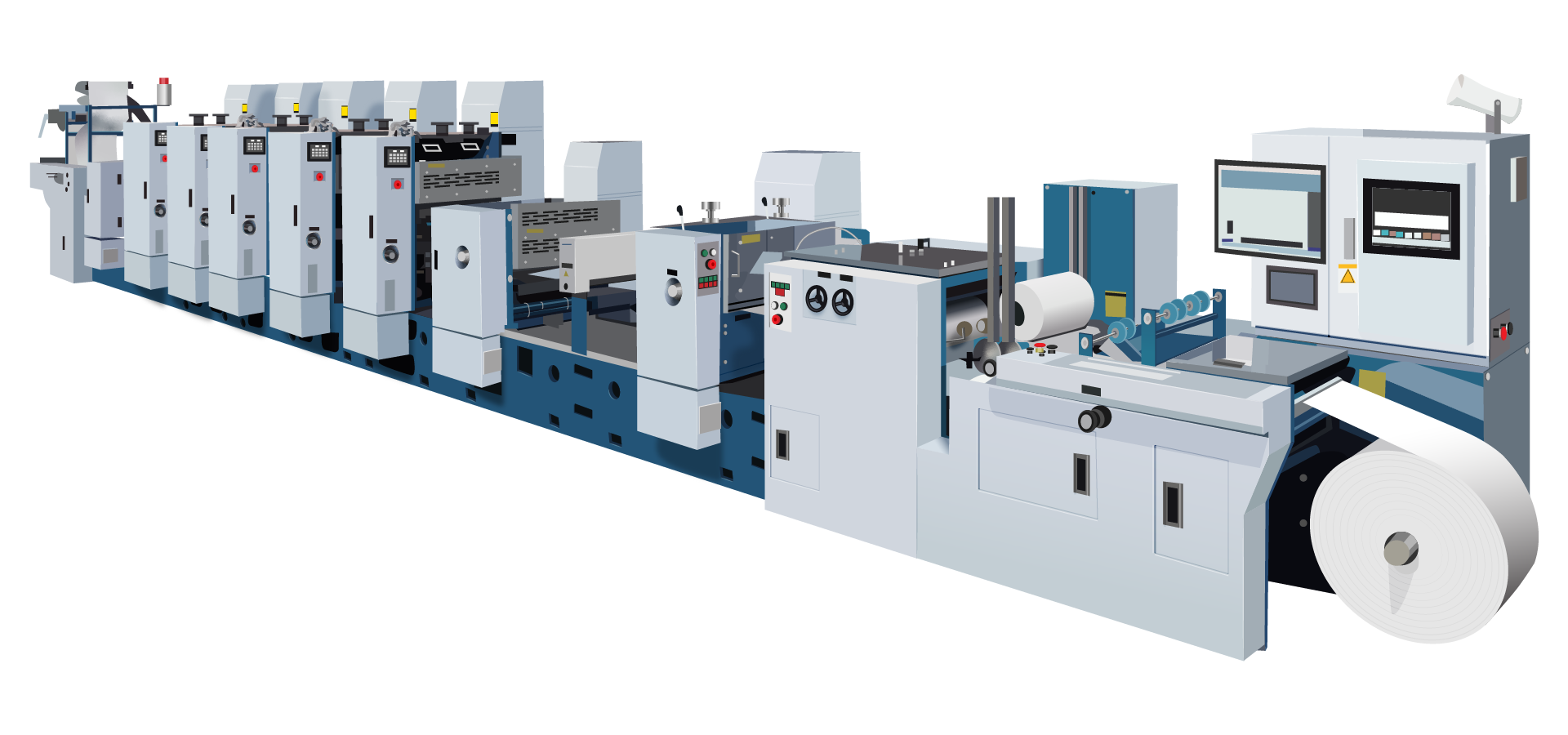 Zdjęcie przedstawia poglądową zwojową maszynę drukującą z ukosa. Od prawej widoczne są: sekcja podającej z zamontowaną rolą podłoża drukowego, na prawo od której znajduje się panel sterujący maszyną. Następnie widoczna jest sekcja drukująca złożona z 8 segmentów zespołów drukujących, farbowych i nawilżających. Na końcu widoczna jest  sekcja wyprowadzająca. Pomiędzy poszczególnymi segmentami widoczne są elementy mechanizmu maszyny.