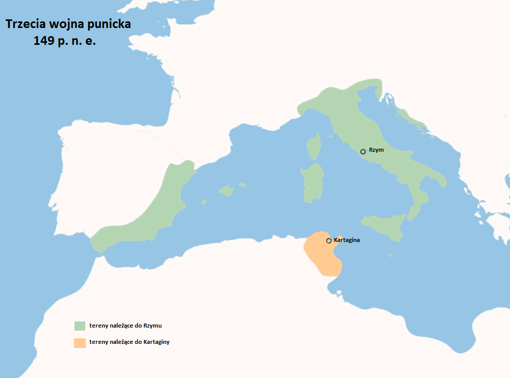 Ilustracja prezentuję mapę trzeciej wojny punickiej 149 p.n.e. Na mapie oznaczone zostały dwa rodzaje terenów. Tereny należące do Rzymy (wyznacza je oznaczone na mapie miasto Rzym) oraz tereny należące do Kartaginy (wyznacza je oznaczone na mapie miasto Kartagina).Do Rzymu należą już całe Włochy wraz z Sycylią i dwoma wyspami na wschód od wschodniego wybrzeża Włoch oraz południowo-zachodnia część Półwyspu Iberyjskiego oraz dwie maleńkie wyspy na wschód od wschodniego wybrzeża Półwyspu Iberyjskiego. Do Kartaginy należy tylko teren wokół miasta Kartagina na północnym wybrzeżu Afryki.