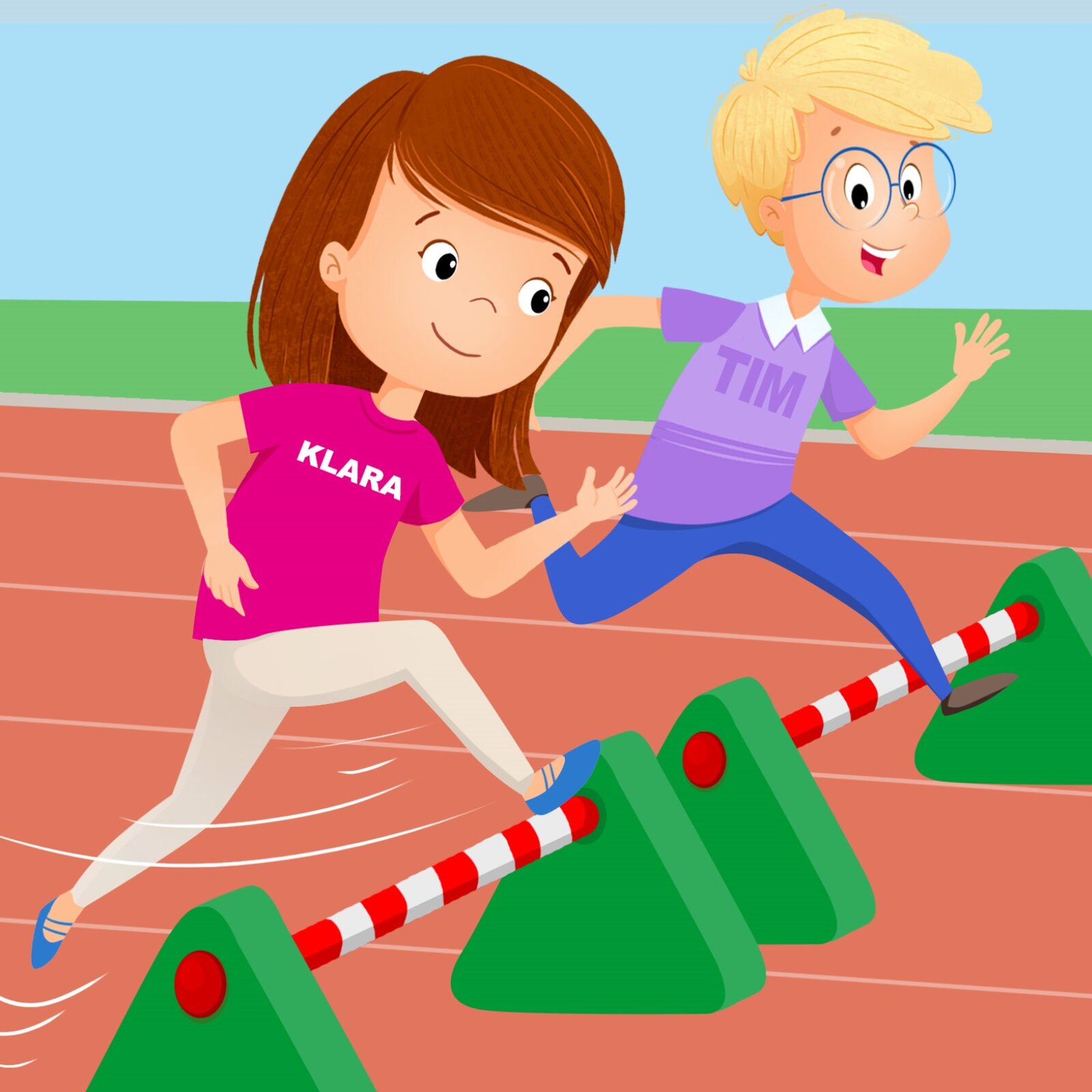 Ilustracja przedstawia Tima i Klarę biegnących przez płotki.