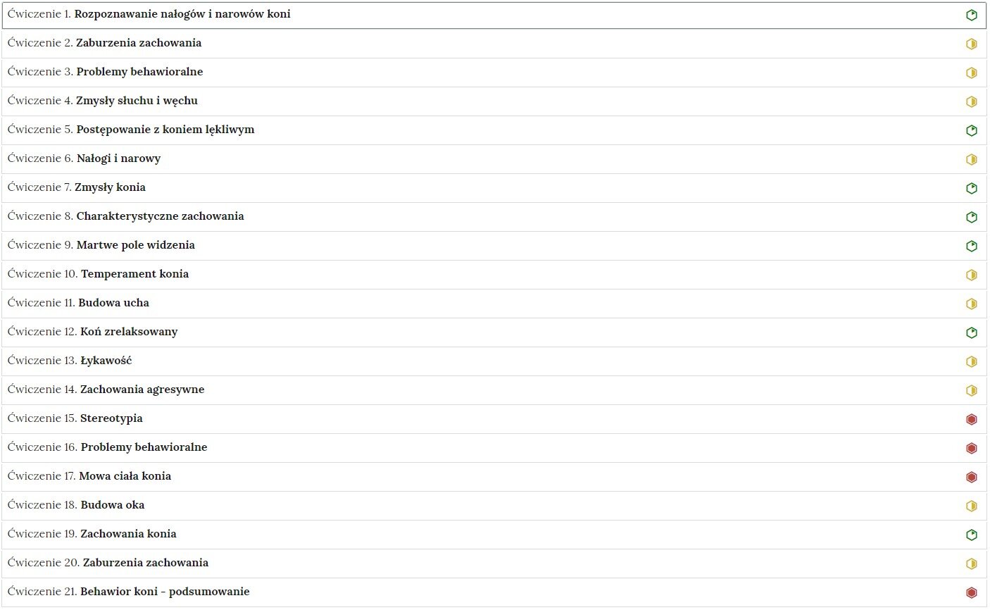 Grafika przedstawia przykładowy widok ogólny harmonii z interaktywnymi materiałami sprawdzającymi. Jest to kolumna posiadająca dwadzieścia jeden wierszy. Wewnątrz każdego z nich został umieszczony numer ćwiczenia wraz z nazwą działu, którego dotyczy. Z boku dodatkowo znajduje się ikonka w kształcie sześciokąta oznaczająca poziom trudności. Zielona oznacza łatwy, żółta średni, a czerwona trudny. Po kliknięciu danego wiersza ukazuje się wybrane ćwiczenie.