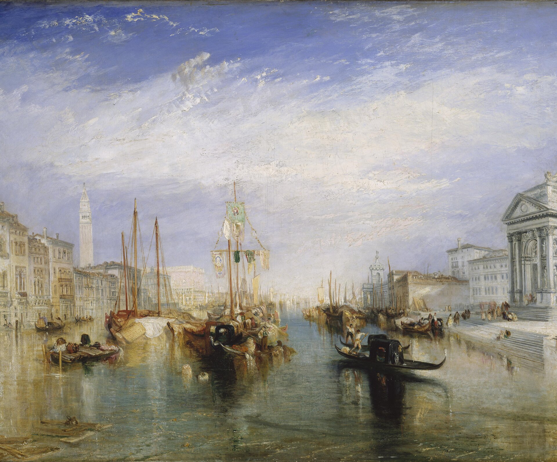 Obraz przedstawia perspektywę szerokiego kanału w Wenecji. Po obu jego stronach znajdują się zabytkowe budynki i kościoły, które nikną w oddali. Po kanale płyną statki żaglowe z opuszczonymi żaglami, łodzie i gondole z towarami. Woda jest brudna, pływają po niej deski i jakieś przedmioty. Po niebie płyną białe, drobne chmurki.