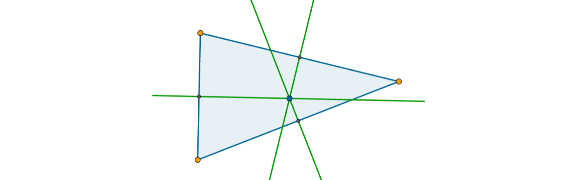 Rysunek trójkąta ostrokątnego i symetralnych jego boków. Punkt przecięcia symetralnych boków trójkąta leży wewnątrz trójkąta.