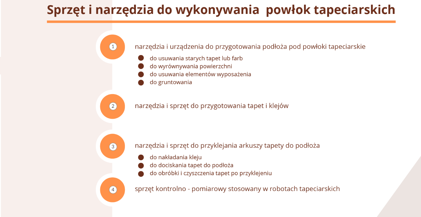 Grafika przedstawia ogólny widok grafiki interaktywnej ze znacznikami. Na grafice tekst dotyczący sprzętu i narzędzi do wykonywania powłok tapeciarskich. 