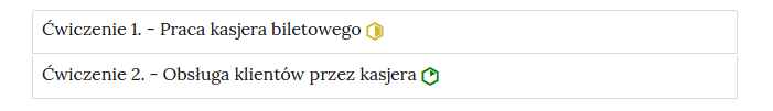 Zrzut ekranu przedstawia przykładowy wygląd zakładek z interaktywnymi materiałami sprawdzającymi. Widoczne są dwie zakładki z ćwiczeniami, na każdej zakładce jest numer ćwiczenia i jego tytuł. Po tytule widać symbol poziomu trudności danego ćwiczenia. Przykład tekstu na pasku zakładki. Ćwiczenie 1 myślnik praca kasjera biletowego.