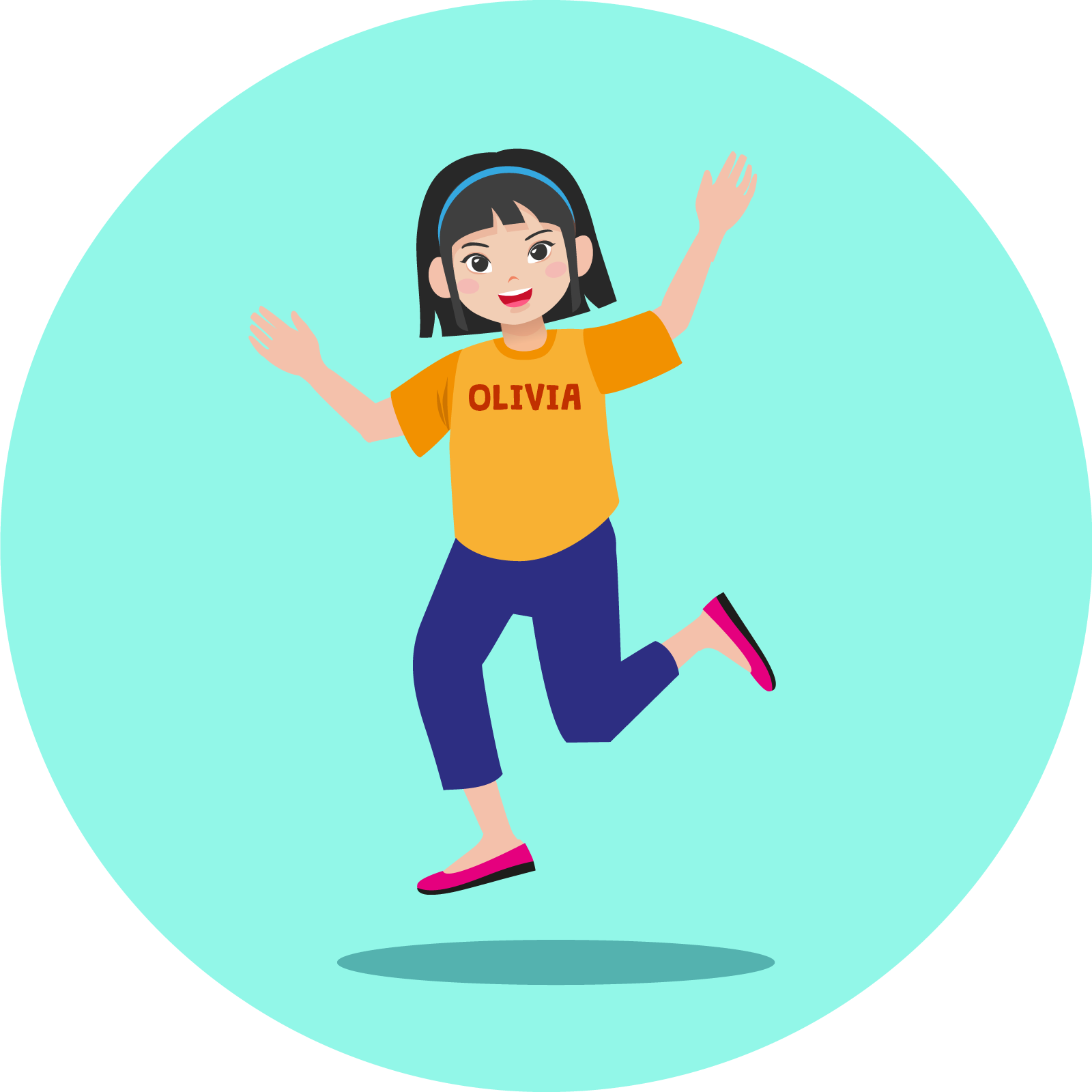 Ilustracja przedstawia uśmiechniętą dziewczynkę o imieniu  Olivia, która wesoło podskakuje, unosząc dłonie ku górze. Ubrana jest w żółtą bluzkę i niebieskie spodnie. 