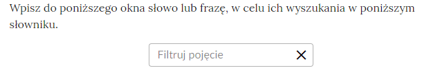Przykładowy widok pola filtrującego pojęcia zawarte w słowniku pojęć e‑zasobu. Treść: Wpisz do poniższego okna słowo lub frazę, w celu ich wyszukania w poniższym słowniku. 