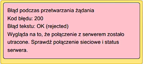 Komunikat błędu po zmianie hasła dla użytkownika root i odświeżeniu uprawnień. W prostokątne ramce tekst: Błąd podczas przetwarzania żądania Kod błędu: 200 Błąd tekstu: OK (rejected) Wygląda na to, że połączenie z serwerem zostało utracone. Sprawdź połączenie sieciowe i status serwera.