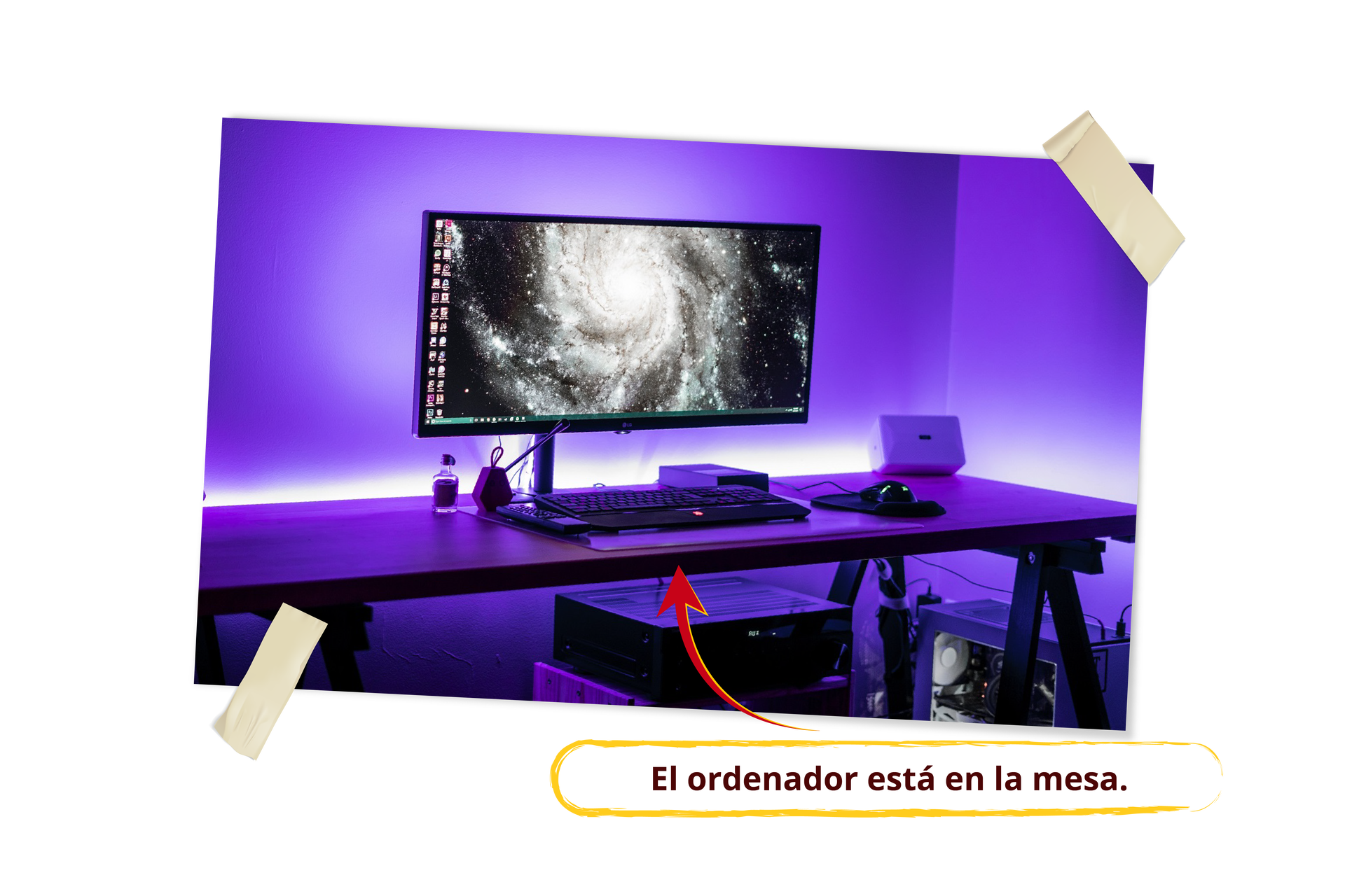 Widoczny jest komputer stojący na biurku. Podpis: El ordenador está en la mesa.