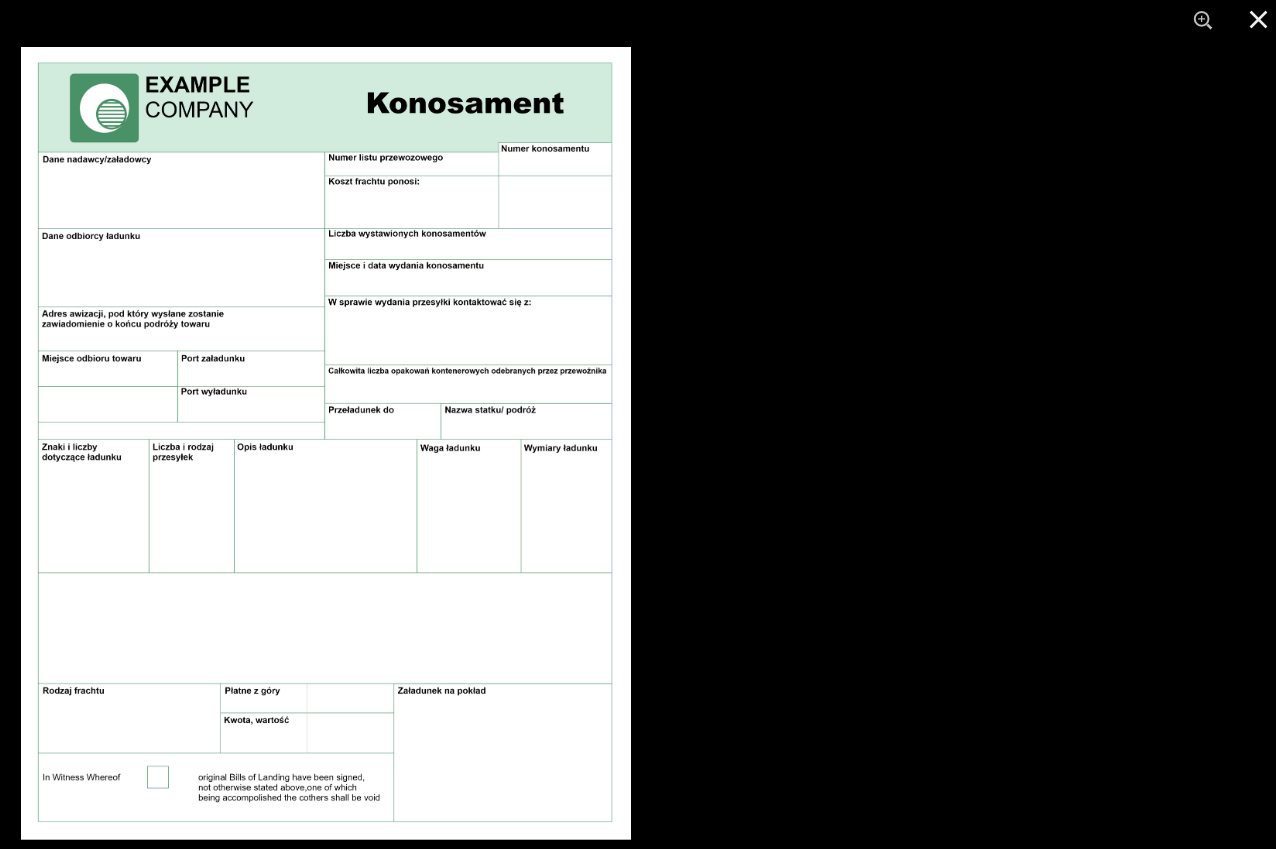 Zrzut ekranu pokazuje przykładowe powiększenie dokumentu interaktywnego. Widoczny jest dokument o nazwie konosament na czarnym tle. W górnym prawym rogu okna widać dwa przyciski, przycisk lupy do powiększania obrazu oraz przycisk iks do zamknięcia powiększenia.