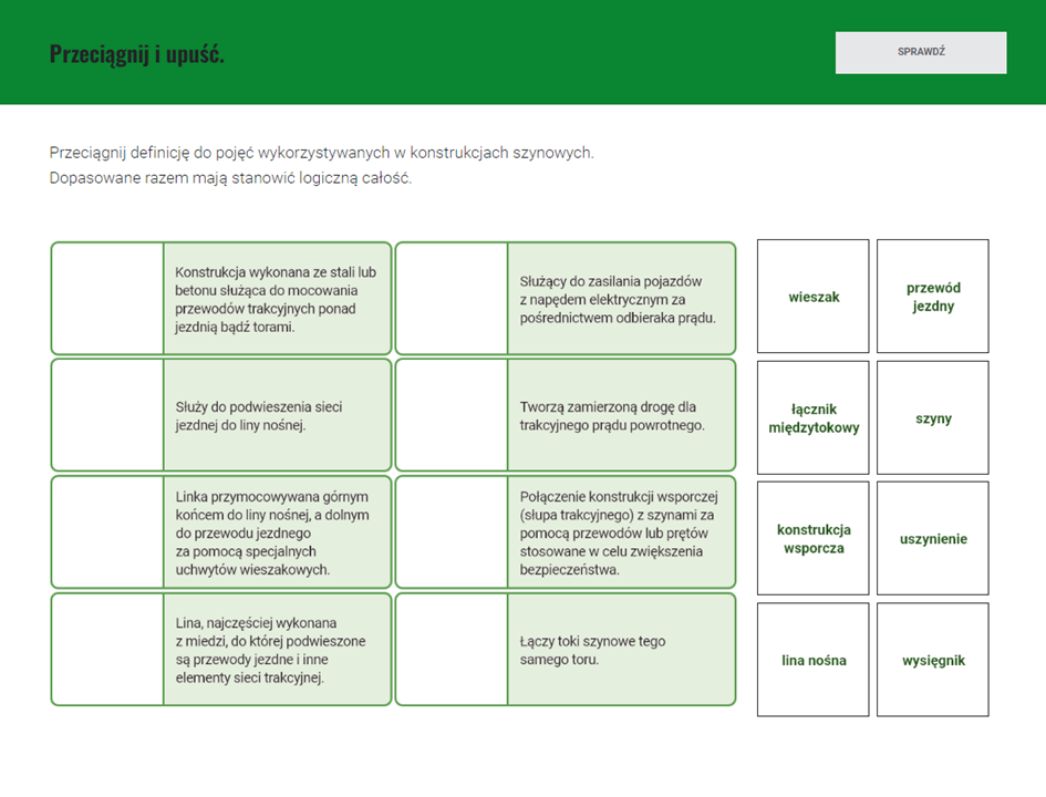 Ekran z zadaniem z dopasowaniem kafelków w odpowiednie miejsca