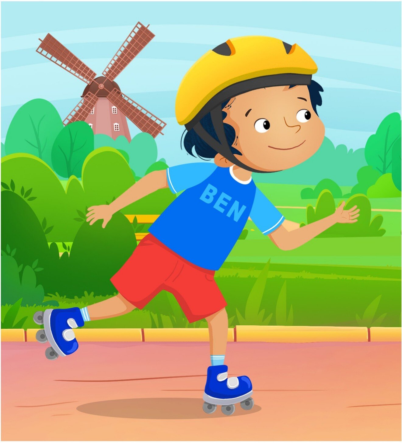 Ilustracja przedstawia Bena jadącego na rolkach.