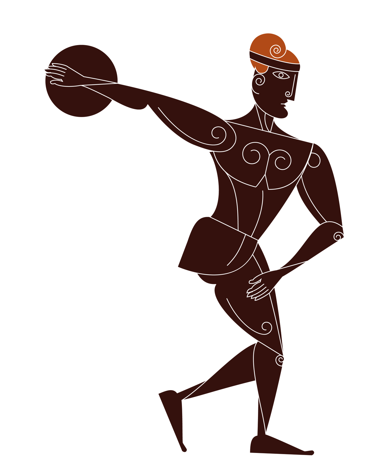 Schematyczny rysunek mężczyzny z zarysem anatomicznym. Mężczyzna ukazany z profilu. Prawą rękę trzymającą dysk ma wycofaną do tyłu ciała, gotową do rzutu, lewą lekko wychyloną do przodu, przygotowany postawą do zamachu dyskiem. Lewa noga wygięta do tyłu, palcami dotyka podłoża. Prawa podtrzymuje korpus.