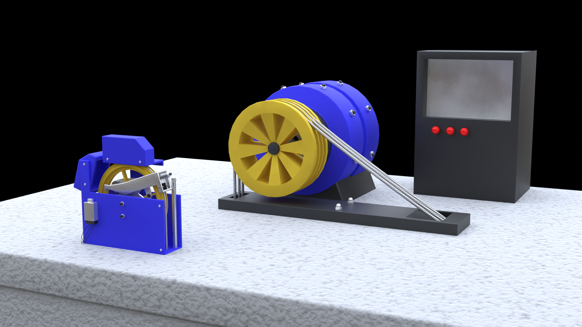 Grafika przedstawia trzy elementy znajdujące się nad szybem kabiny dźwigu. Pierwszym elementem na środku jest koło. Grzbiet koła posiada trzy rowki, na które nałożone są trzy stalowe linki. Koło posiada mechanizm umożliwiający jego obracanie. Po lewo od koła znajduje się urządzenie składające się z obudowy i koła posiadającego mechanizm blokujący jego obrót. Po prawo znajduje się ostatni element w kształcie prostopadłościanu. Urządzenie to posiada wyświetlacz z przyciskami.