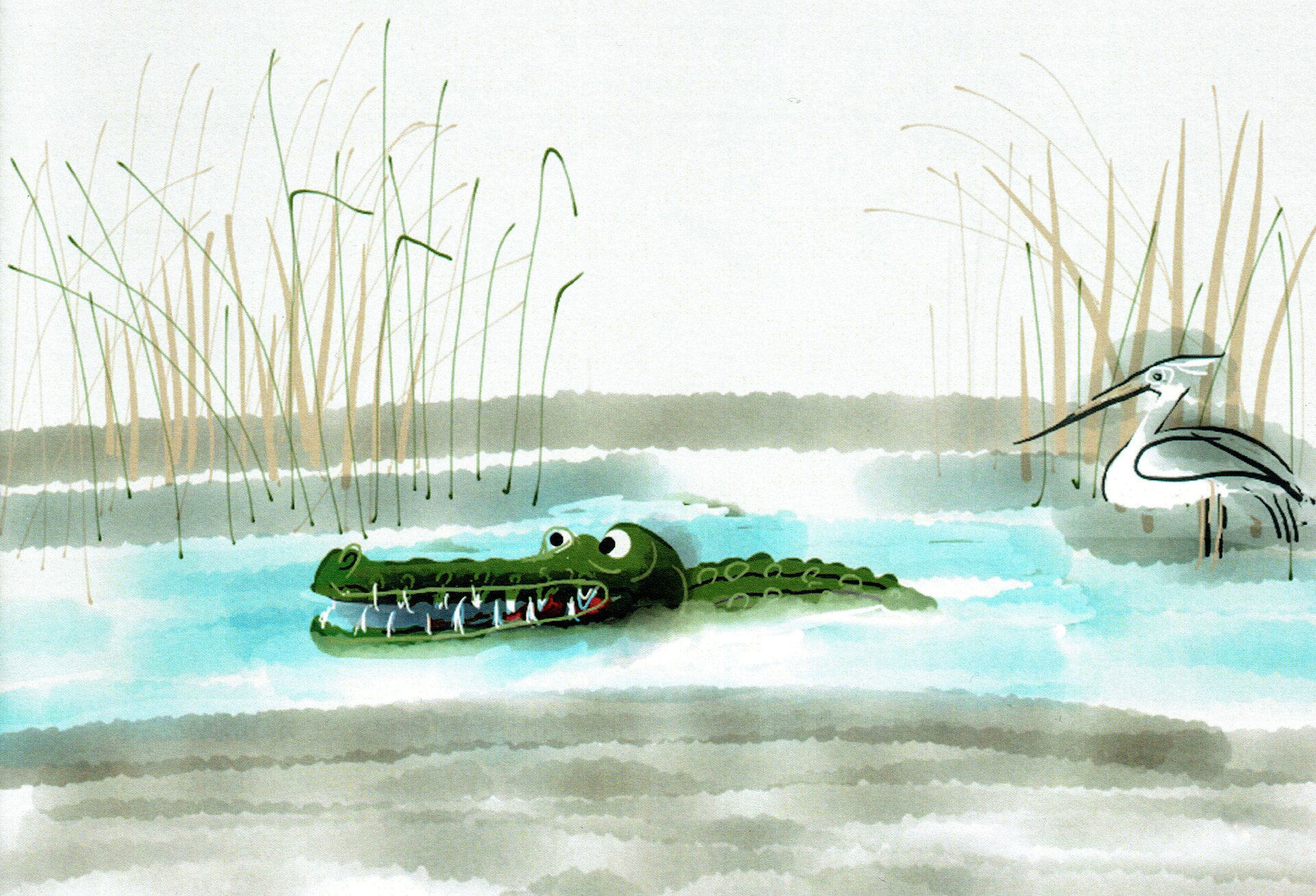 Ilustracja przedstawia pracę Józefa Wilkonia z książki Rudyarda Kiplinga, „Słoniątko”. Ukazuje krokodyla oraz czaplę brodzącą w wodzie. Na drugim planie widoczna jest trzcina, a w tle rozmyty las.