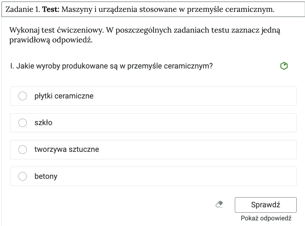 Ilustracja przedstawia przykładowe ćwiczenie, będące elementem interaktywnych materiałów sprawdzających. Ćwiczenie dotyczy wyrobów produkowanych w przemyśle ceramicznym.