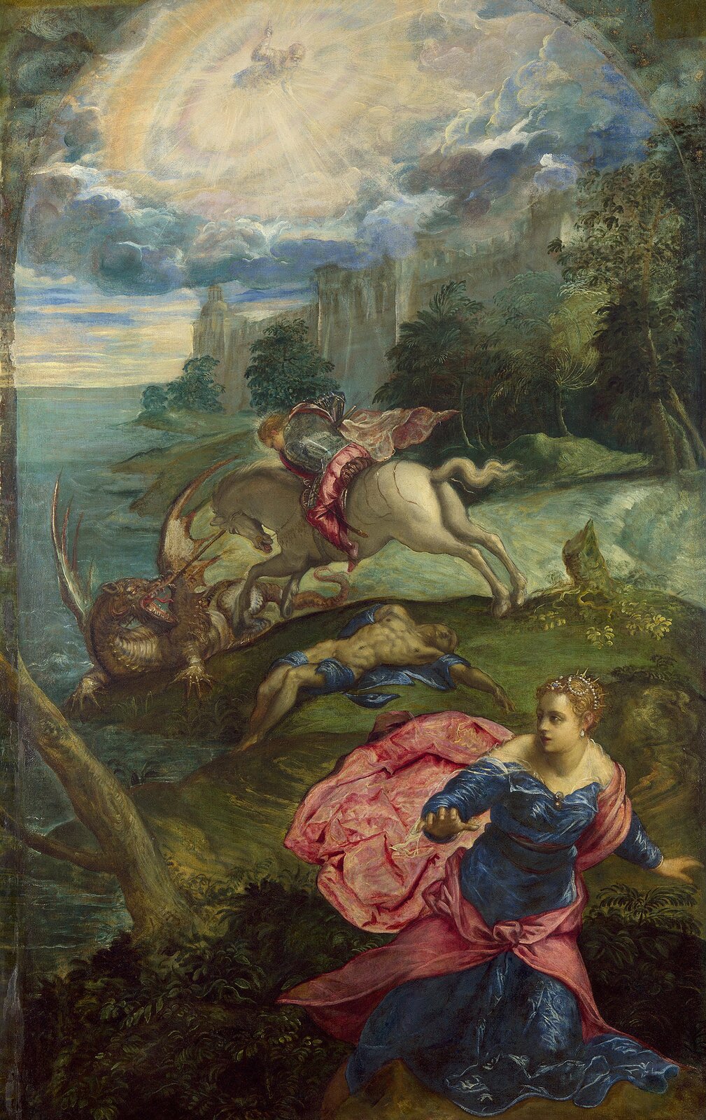 Na obrazie widać rycerza na białym koniu, który wbija lancę w paszczę smoka. Smok jest ogromny, ma wielkie skrzydła i łapy. Obok leży martwy człowiek, prawdopodobnie jego ofiara. Na pierwszym planie widać księżniczkę, która ucieka przed smokiem. Na niebie widać świetlisty krąg, z którego wyłania się jakaś postać w zbroi. W tle widać mury zamku oraz morze.