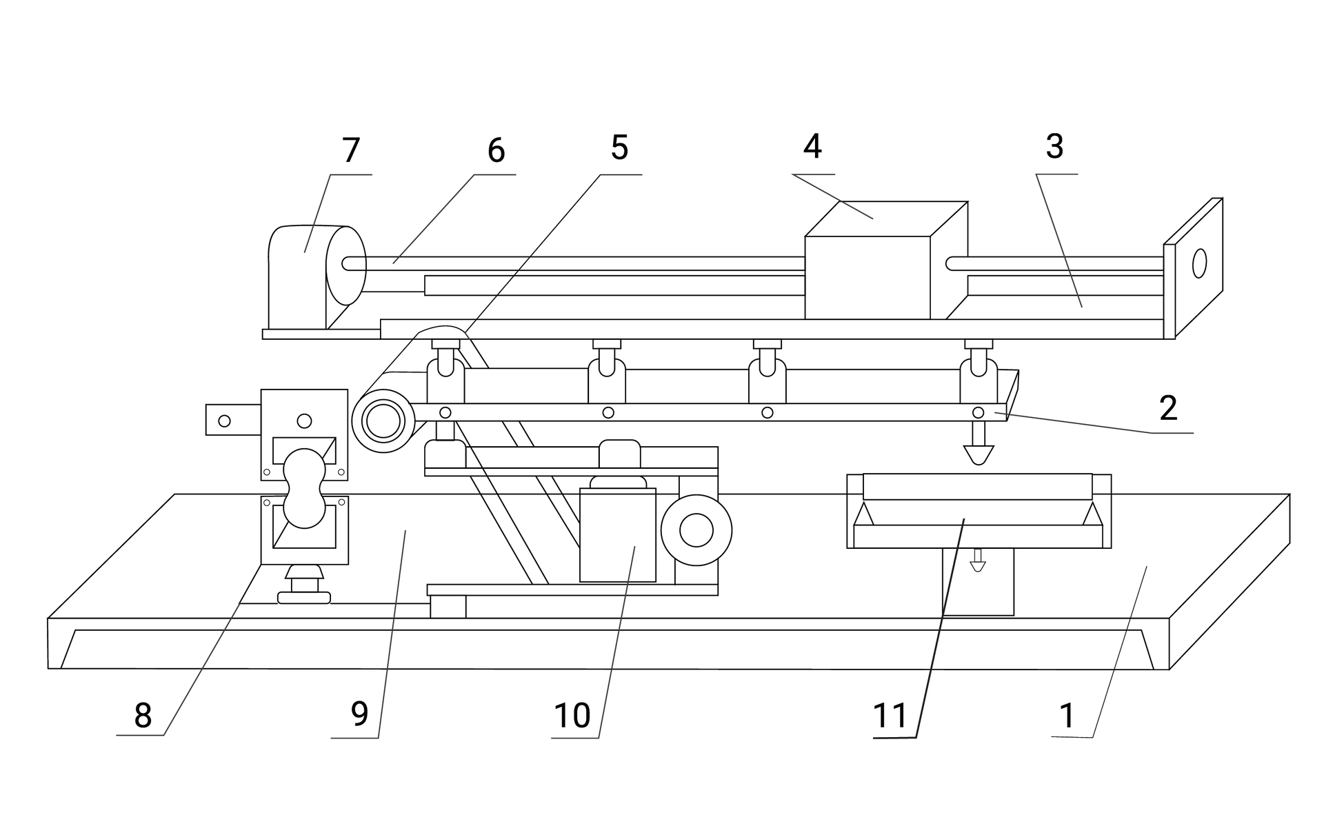 Schemat uniwersalnego aparatu Lru do badania wytrzymałości mas formierskich i rdzeniowych:1 – podstawa,2 – dźwignia uchwytów,3 – dźwignia‑sanki obciążnika,4 – obciążnik,5 – oś układu dźwigniowego,6 – śruba pociągowa,7 – silnik,8 – próbka Rm,9 – wspornik osi 5,10 – próbka Rc, RtS,11 – próbka Rg.