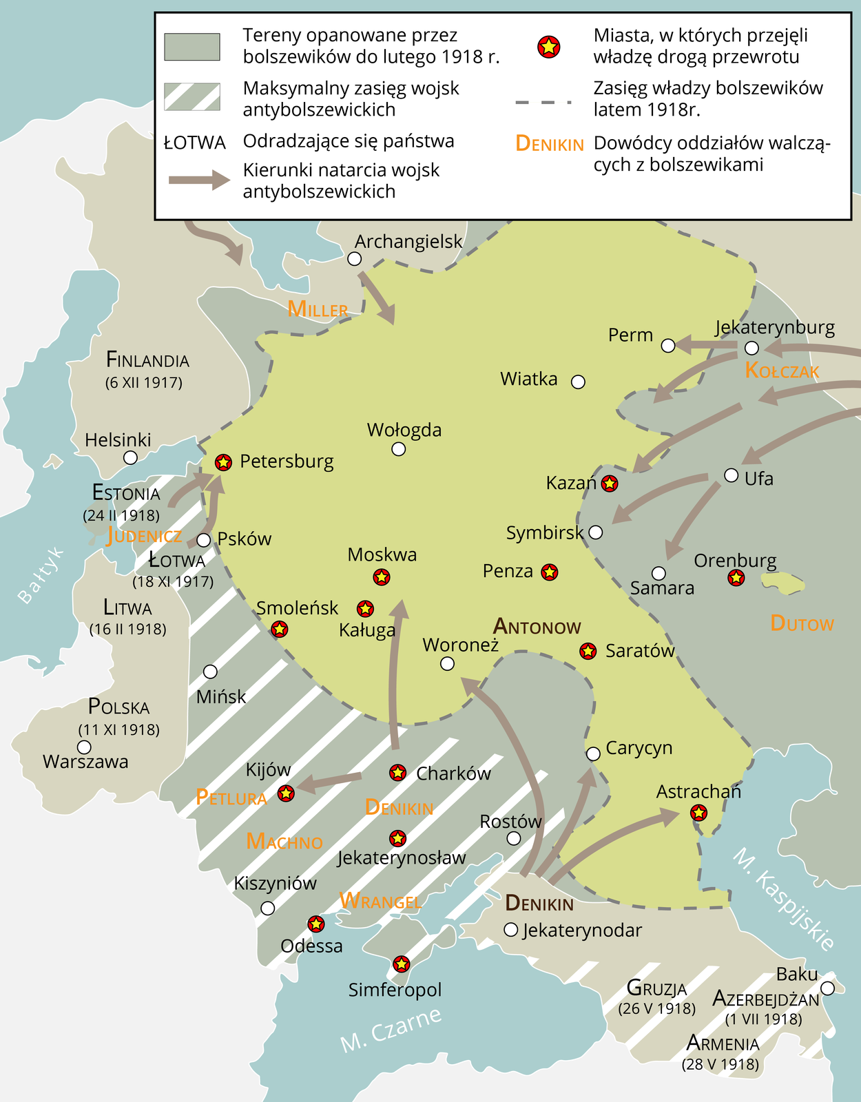 Ilustracja przedstawia mapę Rosji w trakcie wojny domowej. Oznaczono tereny opanowane przez bolszewików z miastami Petersburg, Wołogda, Moskwa, Smoleńsk, Kaługa, Woroneż, Penza, Wiatka, Perm, Saratów, Carycyn i Astrachan. Po wschodniej stronie oznaczono też obszar antybolszewicki, gdzie odradzały się państwa: Łotwa, Estonia i Ukraina z opisanymi miastami: Mińsk, Kijów, Charków, Kiszyniów, Jekaterynburg, Odessa i Rostów. Na pie widać ze działania wojenne przeciw bolszewikom były prowadzone z obu stron, zarówno od wschodu przez pierwotną Rosję jak i od zachodu przez nowo powstające państwa.