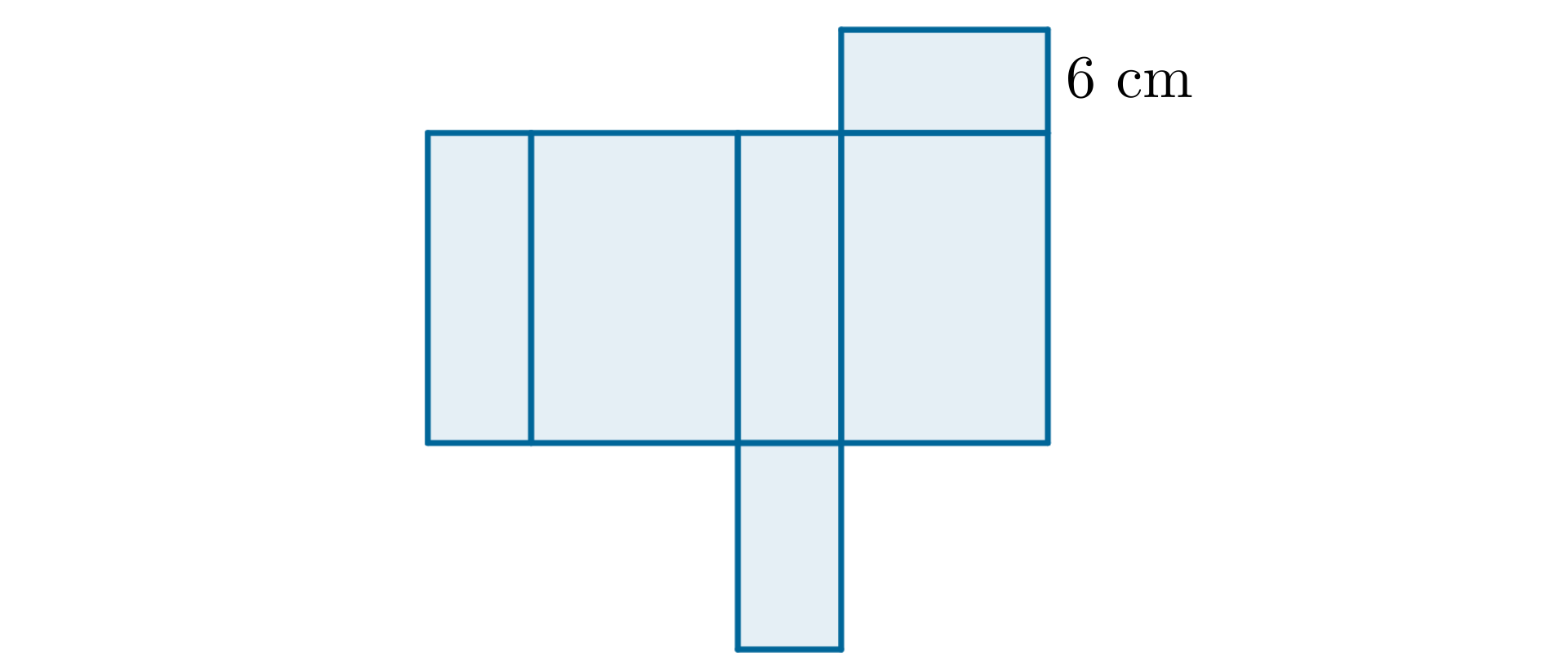Rysunek siatki prostopadłościanu złożonej z trzech par prostokątów. Dana jest długość boku jednego z prostokątów równa 6 cm.