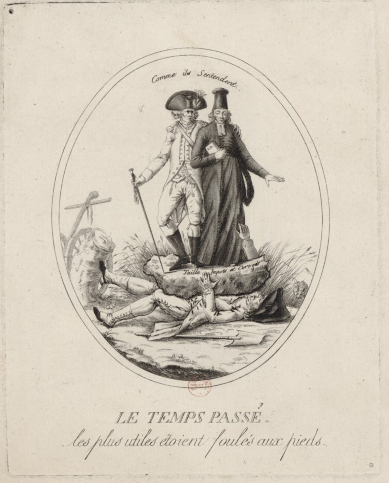 Ilustracja przedstawia mężczyznę przygniecionego kamieniem. Na kamieniu stoi dwóch mężczyzn, jeden w tradycyjnym francuskim mundurze i półokrągłym nakryciu głowy obejmuje ramieniem drugiego ubranego w długie szaty trzymającego w ręku książkę.