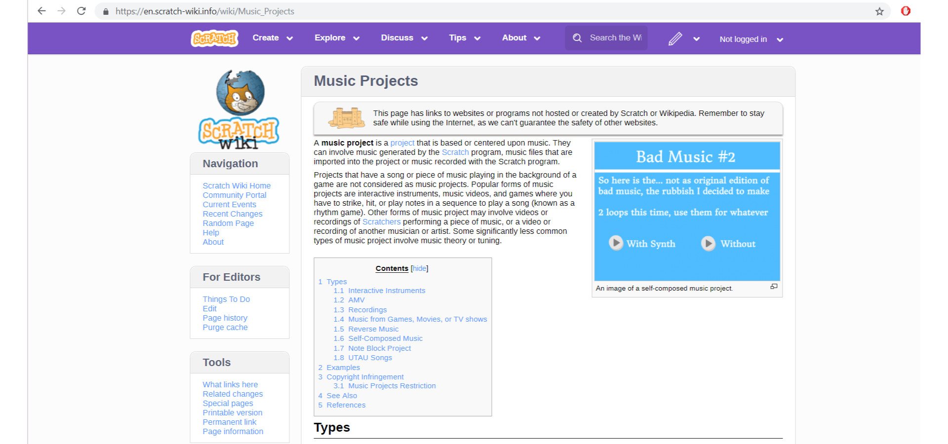 Zrzut ekranu ze strony Scratch-wiki przedstawia przykładowy tutorial dotyczący projektów muzycznych. Aby dowiedzieć się więcej wejdź na stronę https://en.scratch-wiki.info/.