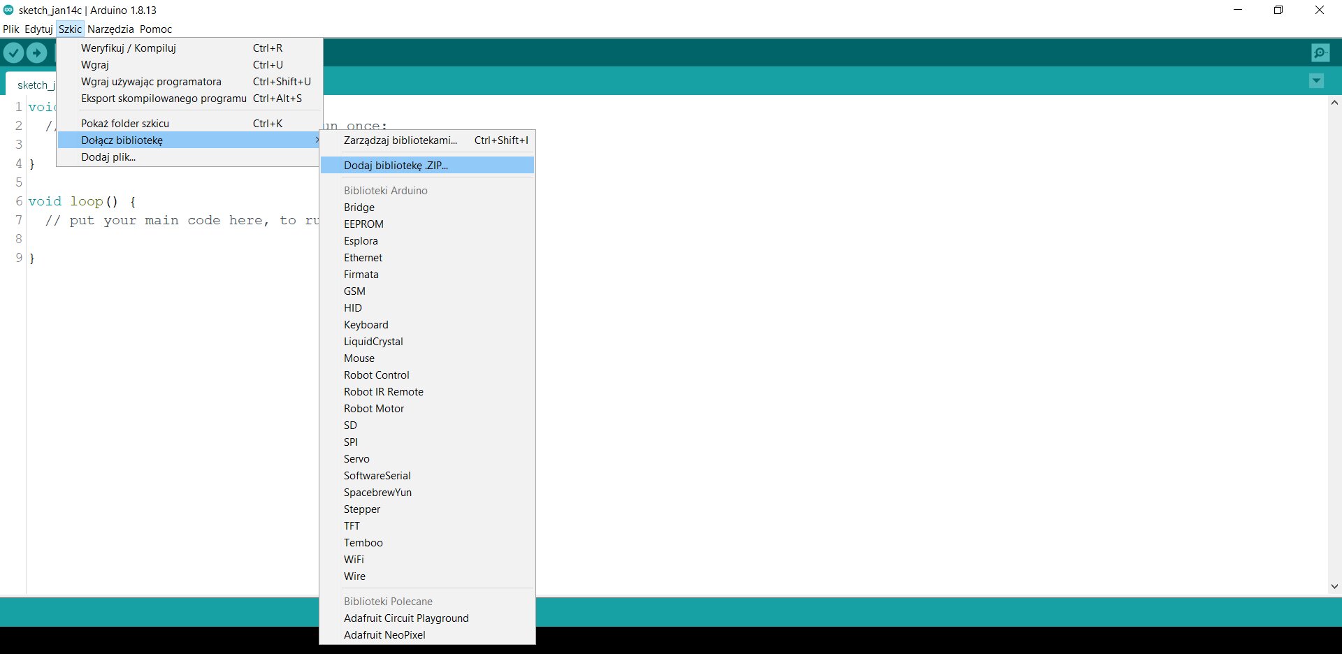 Zdjęcie ekranu przedstawia arduino IDE w którym widoczny jest pusty kod jak i otwarte okna dialogowe, pierwsze pojawiające się po kliknięciu "Szkic" ma zaznaczoną opcję "Dołącz bibilotekę", następnie po kliknięciu tej opcji pojawia się okno z zaznaczoną opcją "Dodaj bibiliotekę ZIP".