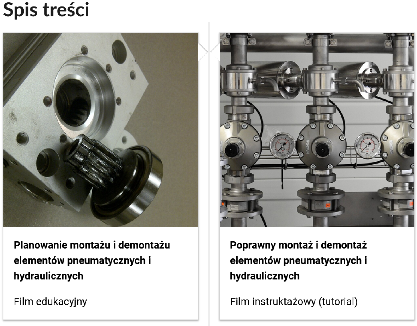 Grafika przedstawia dwa kafelki ze spisu treści. Są umiejscowione obok siebie. Pierwszy od lewej: Zdjęcie okładkowe, poniżej napis: Planowanie montażu i demontażu elementów pneumatycznych i hydraulicznych. Niżej napis: Film edukacyjny. Drugi: zdjęcie okładkowe, poniżej tytuł. Poprawny montaż i demontaż elementów pneumatycznych i hydraulicznych. Niżej: Film instruktażowy (tutorial).