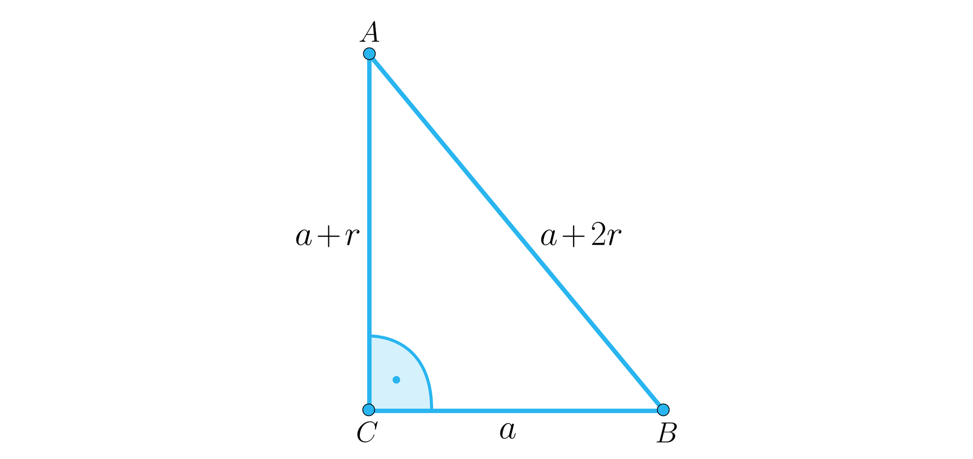 Ilustracja przedstawia trójkąt prostokątny ABC o podstawie a będącej jednocześnie odcinkiem CB przyprostokątnej a dodać r będącej odcinkiem AC oraz przeciwprostokątnej a dodać 2r będącej odcinkiem AB. Przy wierzchołku C oznaczono kąt prosty.