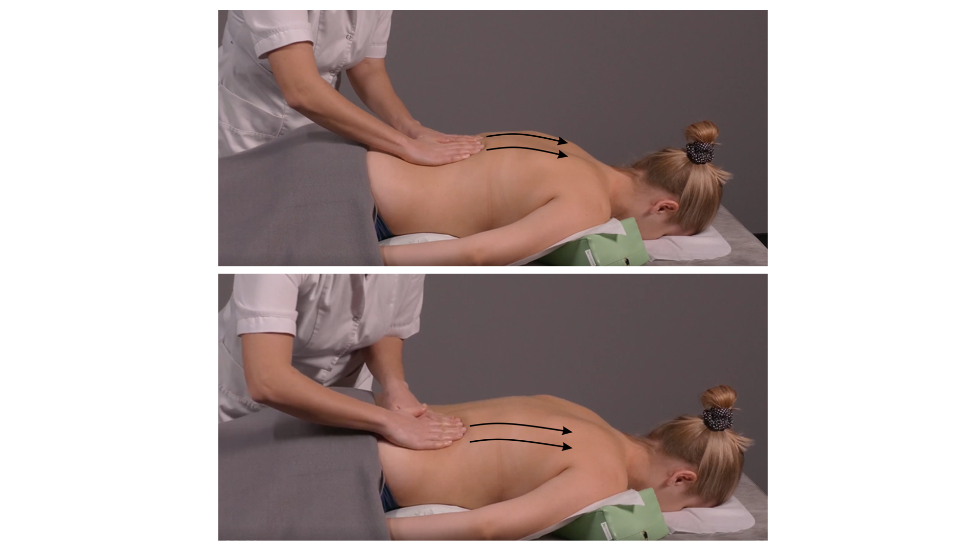 Zdjęcia przedstawiają pacjenta w ułożeniu przodem, twarz pacjenta znajduje się w otworze w zagłówku, ręce leżą wzdłuż ciała. Pod barkami pacjenta znajduje się klin. Masażysta wykonuje ruch całą powierzchnią ręki od dolnego odcinka kręgosłupa w stronę barków. Na górnym zdjęciu ręce masażysty ułożone są po obu stronach kręgosłupa pacjenta, na dolnym zdjęciu - po prawej połowie grzbietu.