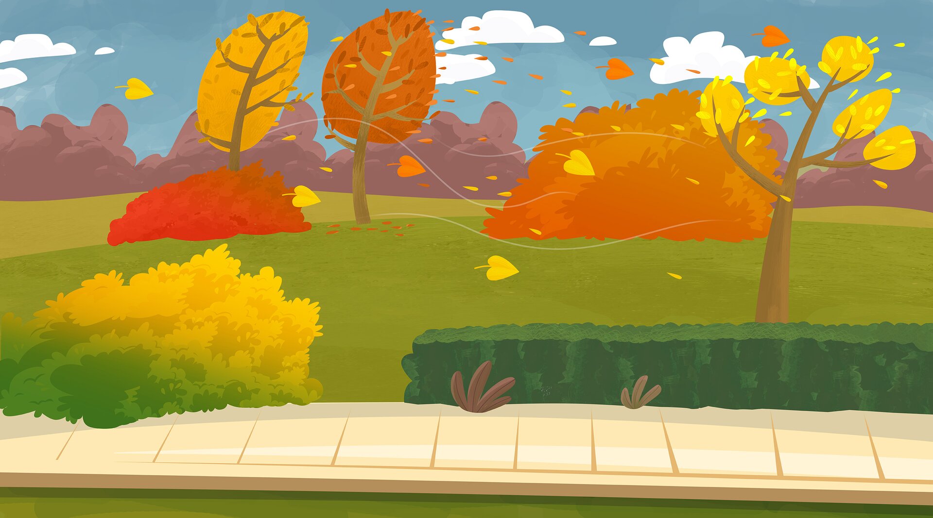 Ilustracja przedstawia jesienny park.Kolorowe liście  zrywane sa przez porywisty wiatr.