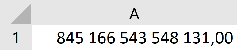 Ilustracja przedstawia komórkę A1. wpisano w nią 845166543548131,00. 