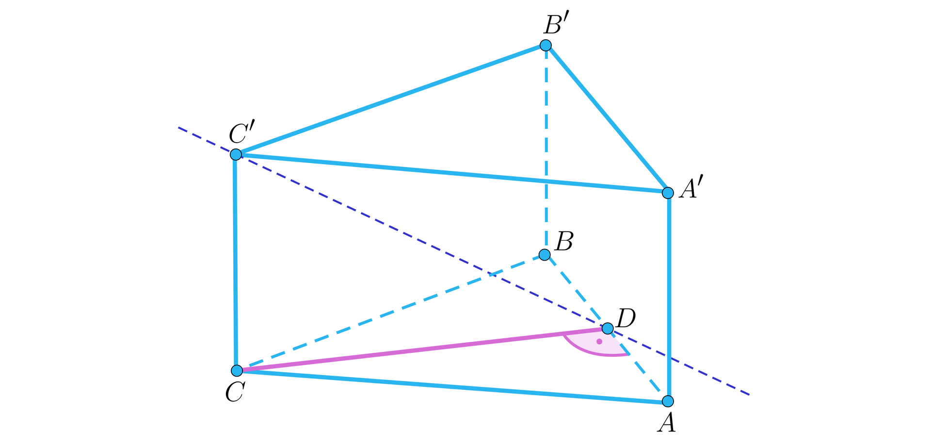 Ilustracja przedstawia graniastosłup prawidłowy trójkątny, wierzchołki dolnej podstawy to A B C, wierzchołki górnej podstawy to A' B' C'. Z wierzchołka C na krawędź AB opuszczono wysokość, spodek wysokości podpisano litrą D. Przez wierzchołek C' i punkt D linią przerywaną poprowadzono prostą.