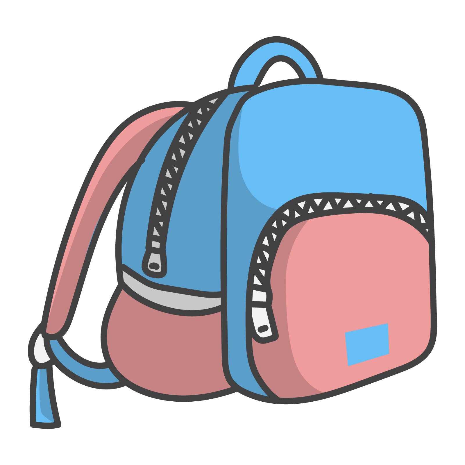 Ilustracja przedstawia plecak w kolorach niebieskim i różowym. Posiada od małą kieszonkę zapinaną na zamek.