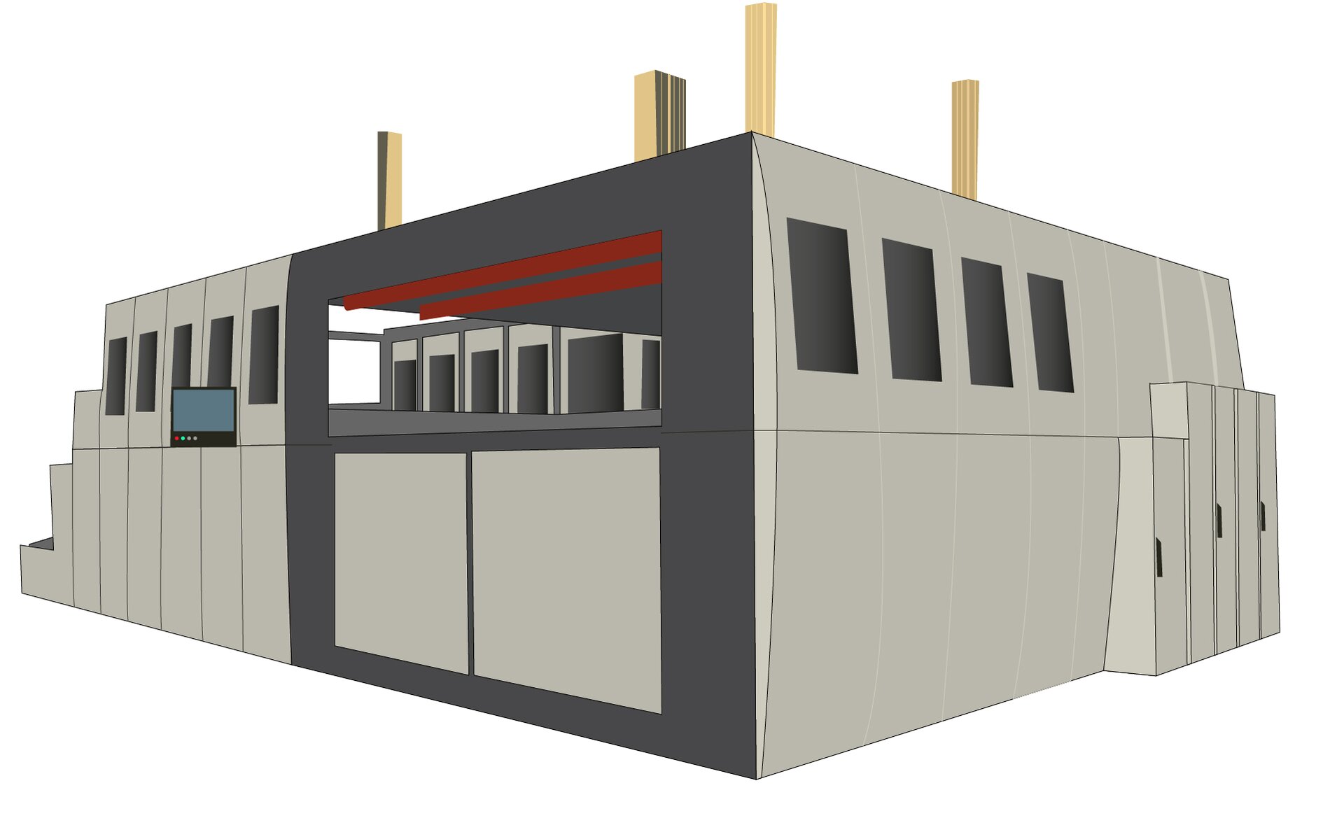 Fotografia przedstawia termoformierka próżniowa. Maszyna dużych rozmiarów, kształtem przypominająca prostopadłościan. Obudowa urządzenia składa się z kilkunastu pojedynczych maskownic jasnego koloru. Górne maskownice wyposażone w okienka inspekcyjne. Po lewej stronie maszyny zamontowany monitor dotykowy do ustawień oraz kontroli pracy maszyny.