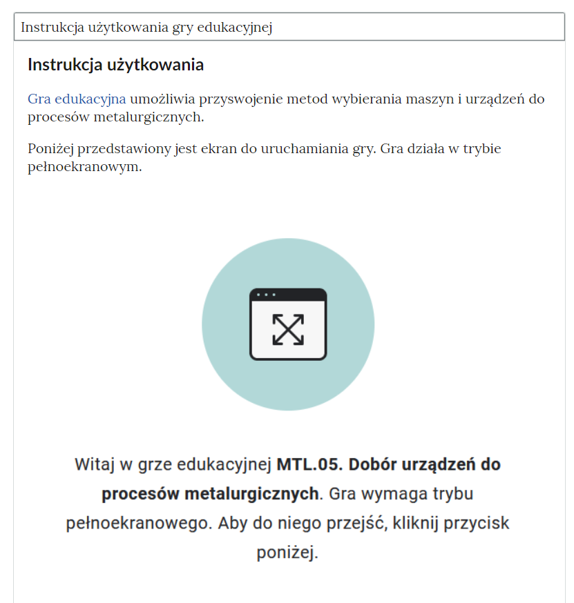 Widok instrukcji gry edukacyjnej po rozwinięciu panelu "Instrukcja użytkowania gry edukacyjnej"