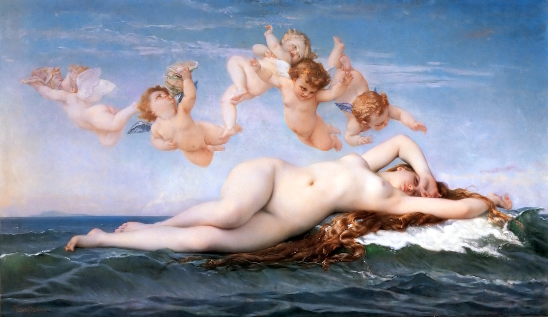 Dzieło Alexandre Cabanela pod tytułem „Narodziny Wenus”. W centrum obrazu widoczna jest młoda leżąca, naga, rudowłosa kobieta, która unosi się na falach oceanu. Kobieta zdaje się odpoczywać. Jedną dłoń ma ułożoną pod głowę, a drugą zasłania swoją twarz od słońca. Nad Wenus latają nagie kupidyny. Dwaj z nich dmą w muszle. W oddali znajduje się ląd. W tle obrazu znajduje się błękitne niebo.