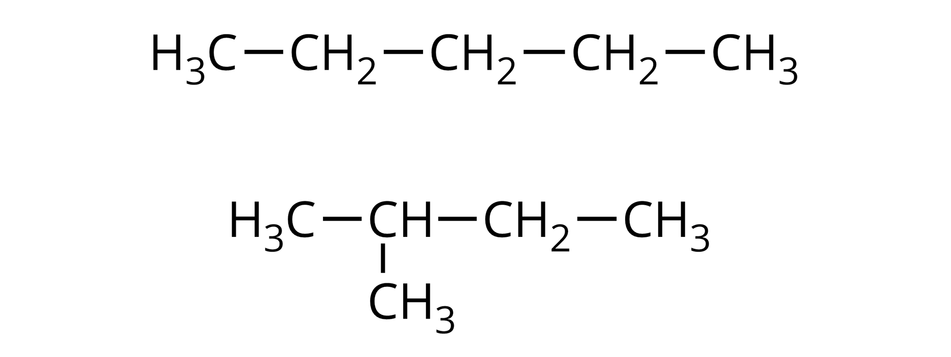 Ilustracja przedstawiająca dwa wzory półstrukturalne izomerów. Pierwszy stanowi n‑pentan zbudowany z grupy CH3 połączonej z grupą CH2 związaną z grupą CH2, która to łączy się z następną grupą CH2. Ostatnia wspomniana, to jest trzecia z kolei grupa CH2 łączy się z grupą CH3. Poniżej znajduje się wzór cząsteczki 2-metylobutanu zbudowany z grupy CH3 połączonej z grupą CH związaną z grupą metylową CH3 oraz z grupą CH2 podstawioną grupą CH3.