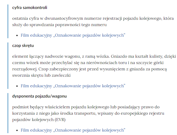 Zrzut ekranu przedstawia kilka pojęć ze Słownika. Konstrukcja jest następująca: pojęcie, poniżej jego wyjaśnienie, a pod nim znajduje się link, po którego kliknięciu użytkownik przenosi się do rozdziału w tym materiale, w którym dane pojęcie jest wykorzystywane. Linków może być jeden lub kilka, w zależności od tego, w ilu rozdziałach użyto pojęcia.