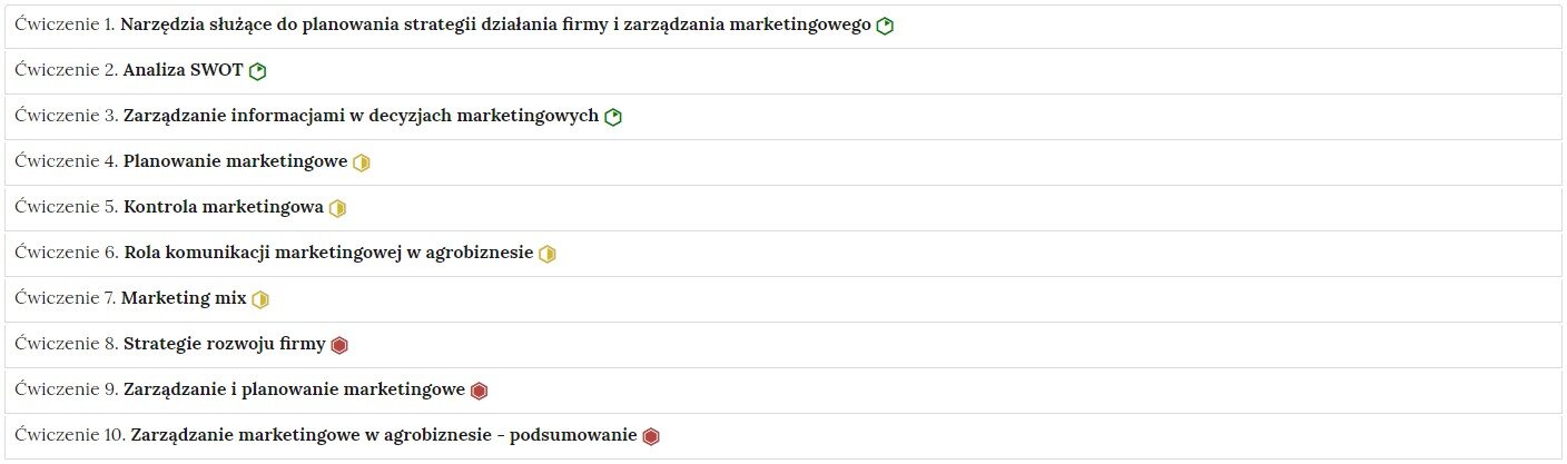 Grafika przedstawia przykładowy widok ogólny harmonii z interaktywnymi materiałami sprawdzającymi. Jest to kolumna posiadająca dziesięć wierszy. Wewnątrz każdego z nich został umieszczony numer ćwiczenia wraz z nazwą działu, którego dotyczy. Z boku dodatkowo znajduje się ikonka w kształcie sześciokąta oznaczająca poziom trudności. Zielona oznacza łatwy, żółta średni, a czerwona trudny. Po kliknięciu danego wiersza ukazuje się wybrane ćwiczenie.