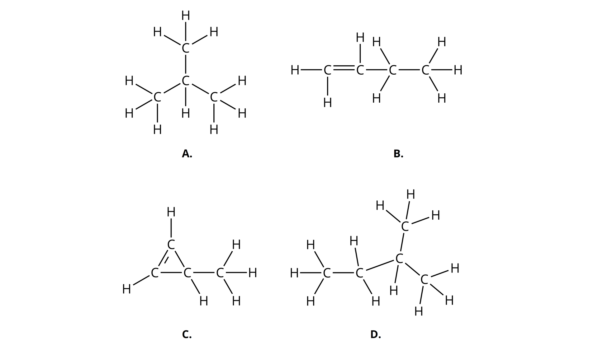 Na ilustracji są cztery wzory. Wzór A ma cztery atomy węgla i 10 atomów wodoru. Wzór B ma 4 atomy węgla i 8 atomów wodoru. Jedno wiązanie podwójne między atomami węgla. Wzór C ma 4 atomy węgla i 6 atomów wodoru. Wzór D ma 5 atomów węgla i 12 atomów wodoru.  