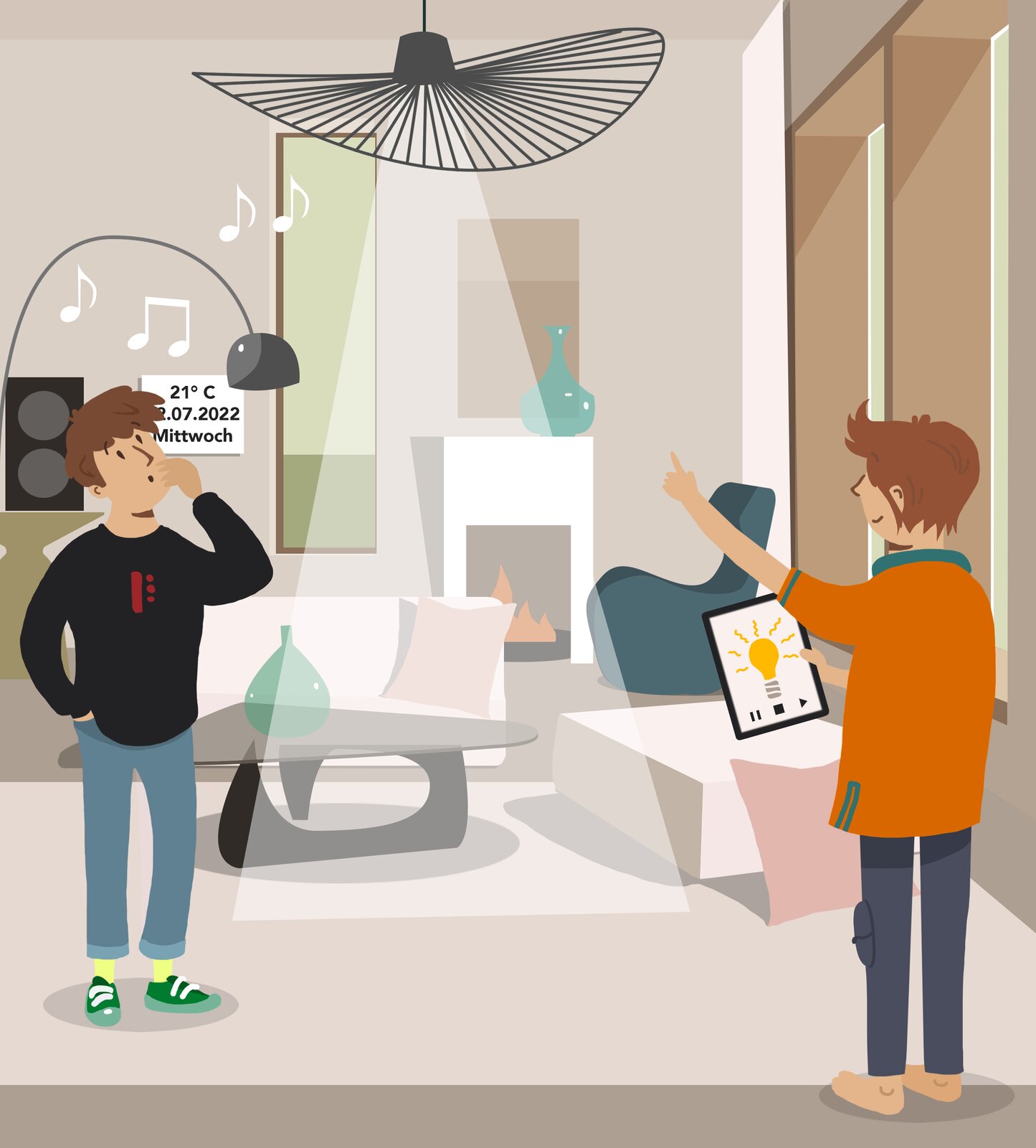 Ilustracja przedstawia pokój, w którym znajduje się dwóch chłopców. Jeden z nich włącza światło za pomocą aplikacji zainstalowanej w tablecie.
